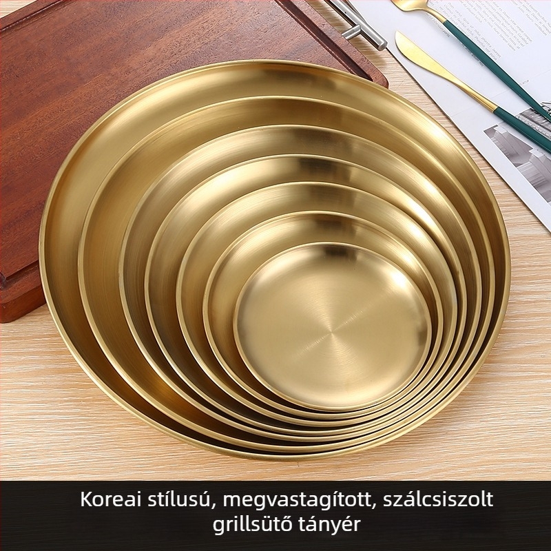 304 rozsdamentes acél Koreai stílusú kerek grills tál, arany színű, sekély tál és tortatál