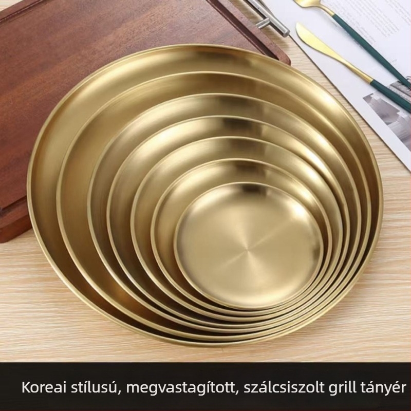 304 rozsdamentes acél Koreai stílusú kerek grills tál, arany színű, sekély tál és tortatál