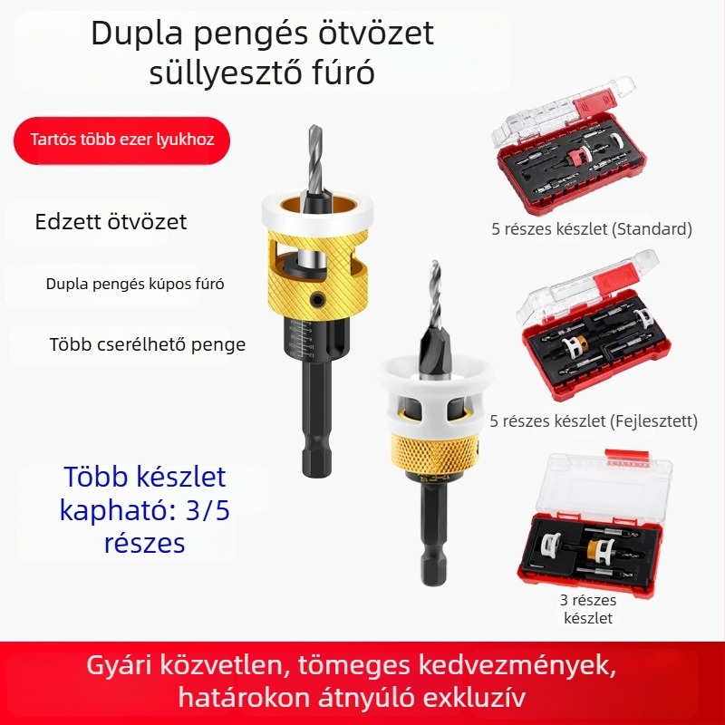 SUJIANG Kónuszos fúrókészlet ötvözetfejjel és mélységhatárolóval, kétélű konusz fúró és faipari lépcsős fúró