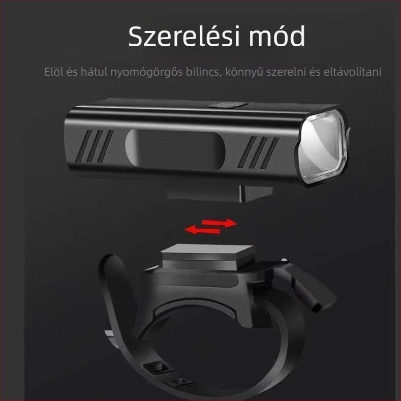 Kerékpár első lámpa, alumínium ötvözet, 2000 mAh, USB-C csatlakozás, snap rögzítés, éjszakai tekerésre út- és MTB kerékpárokhoz