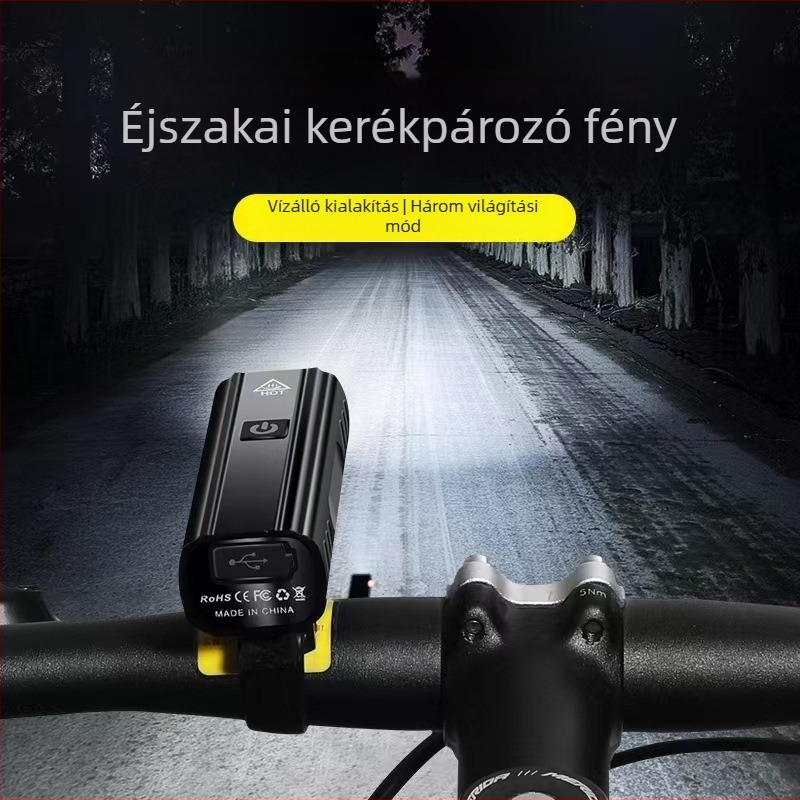 Kerékpár első lámpa, alumínium ötvözet, 2000 mAh, USB-C csatlakozás, snap rögzítés, éjszakai tekerésre út- és MTB kerékpárokhoz