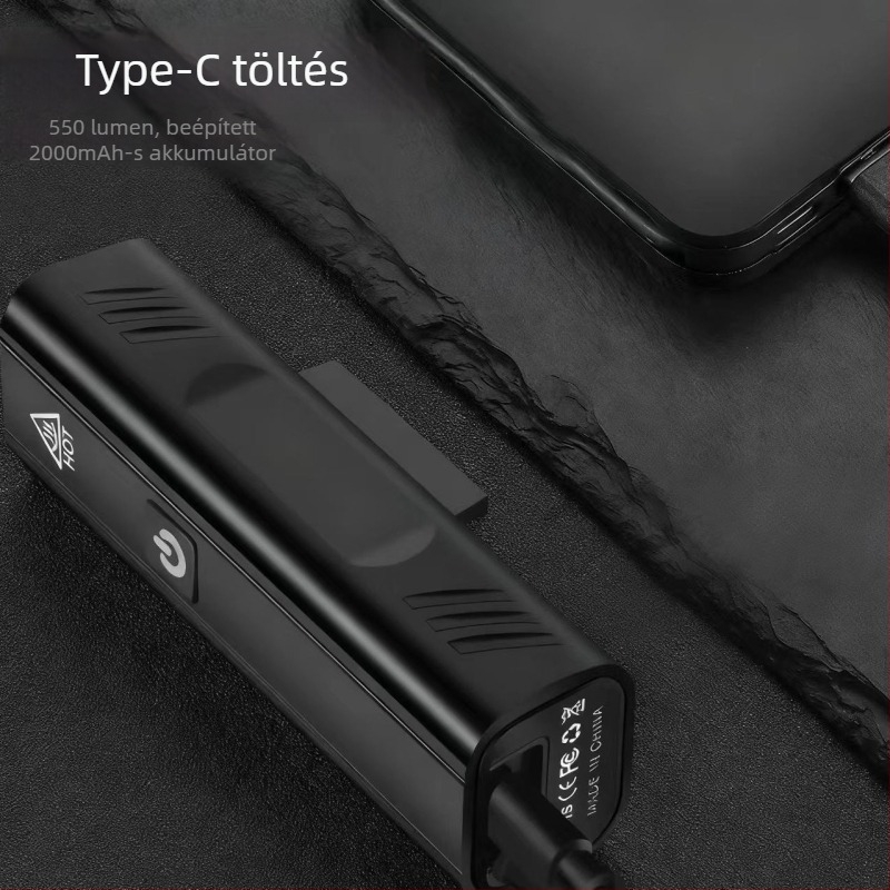 Kerékpár első lámpa, alumínium ötvözet, 2000 mAh, USB-C csatlakozás, snap rögzítés, éjszakai tekerésre út- és MTB kerékpárokhoz