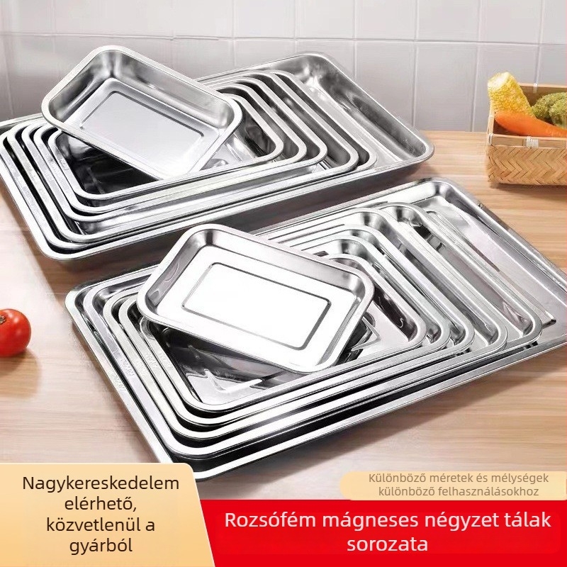 Rozsdamentes acélból készült négyszögletes tányér, sík aljzattal, logó nyomtatva