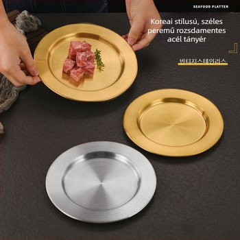 Koreai stílusú rozsdamentes acél kerek tál, sík élű, vastagított kialakítás, grillsütőhöz és gyümölcsökhöz alkalmas, sekély tál arany színben
