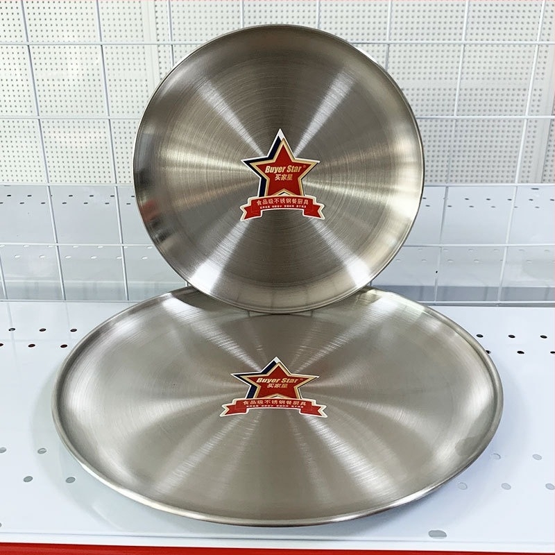 Rozsdamenti acél Koreai-stílusú kör alakú grillező tál, otthoni használatra, tükörfényes felület, egyszerű stílus, mikróhullámú sütőben használható.