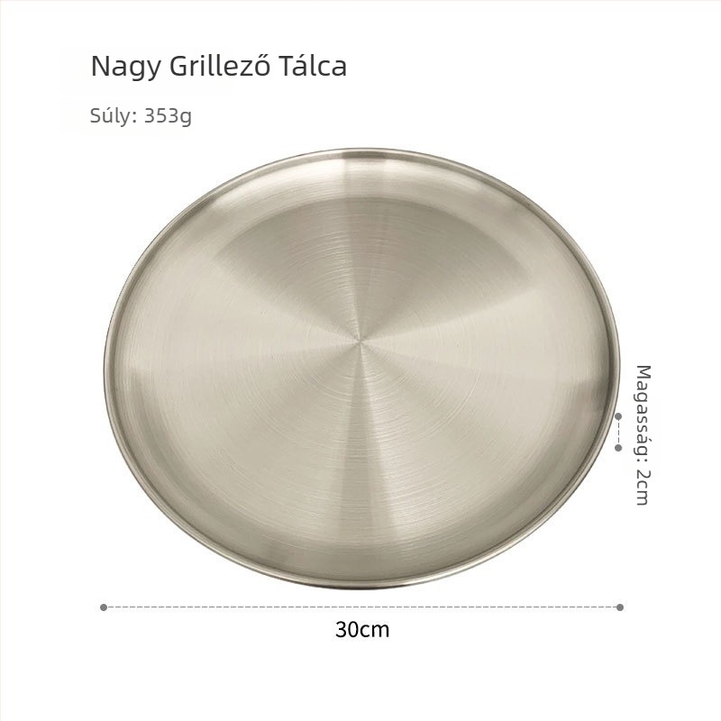Rozsdamenti acél Koreai-stílusú kör alakú grillező tál, otthoni használatra, tükörfényes felület, egyszerű stílus, mikróhullámú sütőben használható.