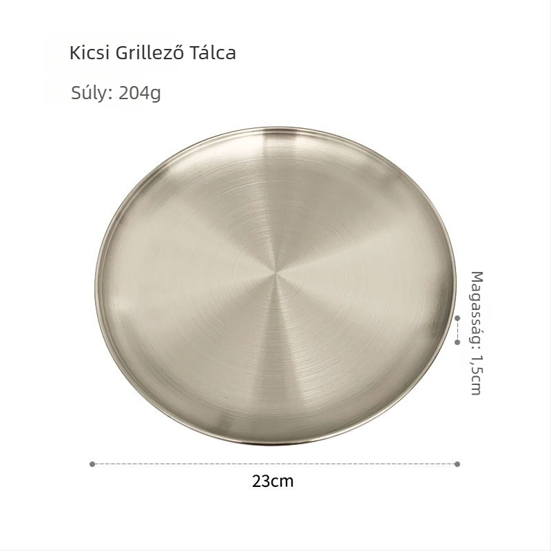 Rozsdamenti acél Koreai-stílusú kör alakú grillező tál, otthoni használatra, tükörfényes felület, egyszerű stílus, mikróhullámú sütőben használható.