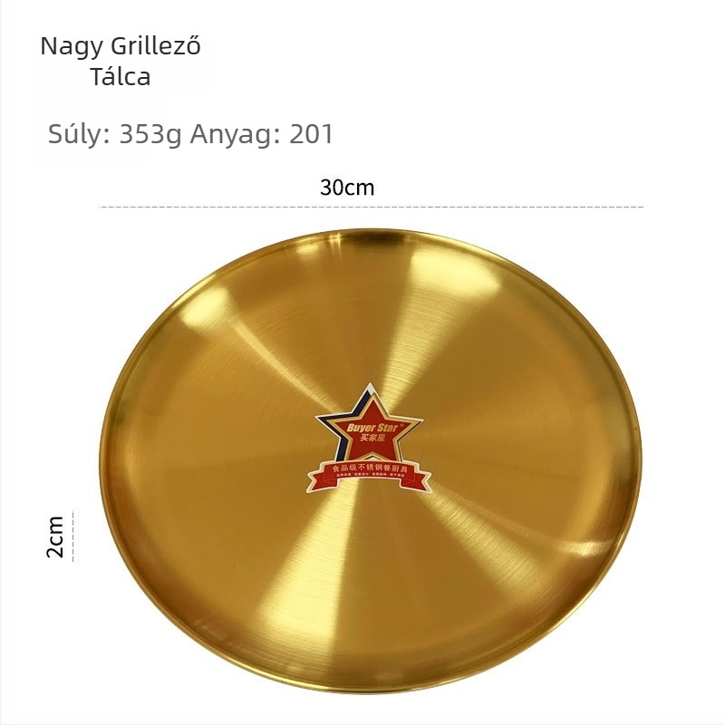 Rozsdamenti acél Koreai-stílusú kör alakú grillező tál, otthoni használatra, tükörfényes felület, egyszerű stílus, mikróhullámú sütőben használható.