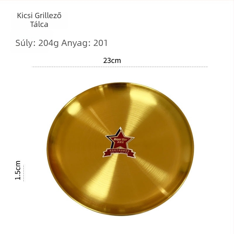 Rozsdamenti acél Koreai-stílusú kör alakú grillező tál, otthoni használatra, tükörfényes felület, egyszerű stílus, mikróhullámú sütőben használható.