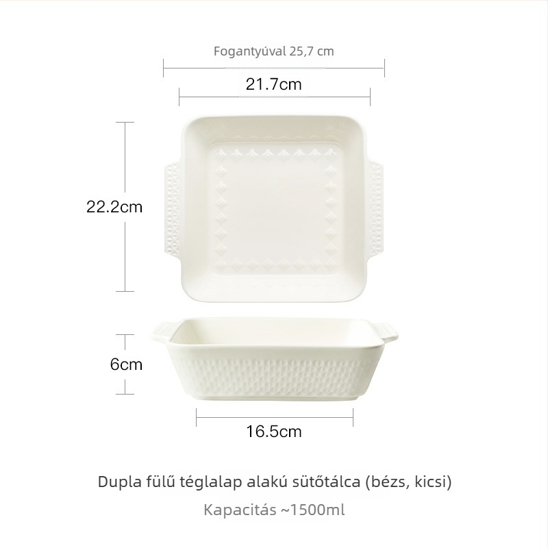 Porcelán sütőedény, téglalap alakú, dupla fogantyúval, nordic stílus, egyszínű mintázat