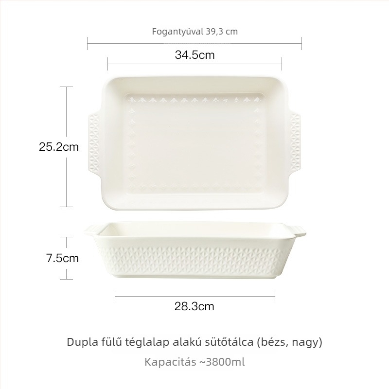 Porcelán sütőedény, téglalap alakú, dupla fogantyúval, nordic stílus, egyszínű mintázat