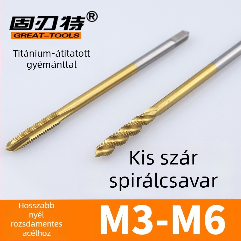 Kobaltot tartalmú, hosszabb kis markolatú menetfúró spirálhasadékkal, rozsdamentes acélból készült mélyfuratokhoz