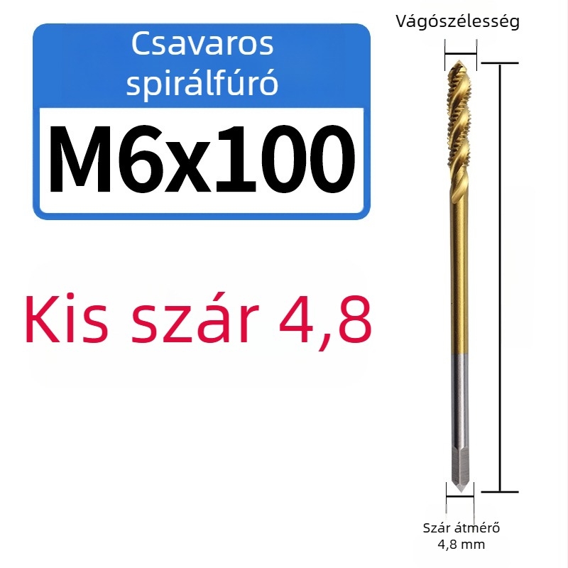 Kobaltot tartalmú, hosszabb kis markolatú menetfúró spirálhasadékkal, rozsdamentes acélból készült mélyfuratokhoz