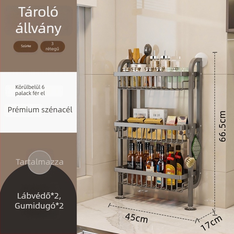 Konyhai fűszerrács keskeny változat, falra szerelhető és asztalnál használható tároló olaj, só, szósz és ecet üvegek számára.