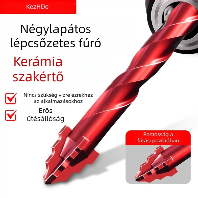 Csempéhez való fúró, négyélű recés excentrikus ütéses dizájn, száraz fúráshoz, kiterjesztett pozicionálás, nagy szilárdságú csempéhez