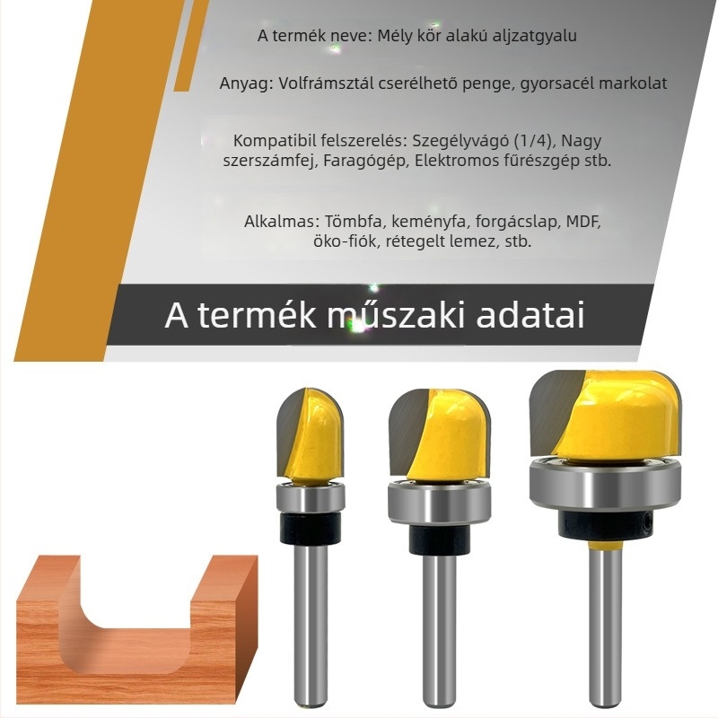 Famegmunkáló marószerszám készlet, 3 részes, 6 mm-es szárral, kerek aljú, csapágyazással, marógépekhez