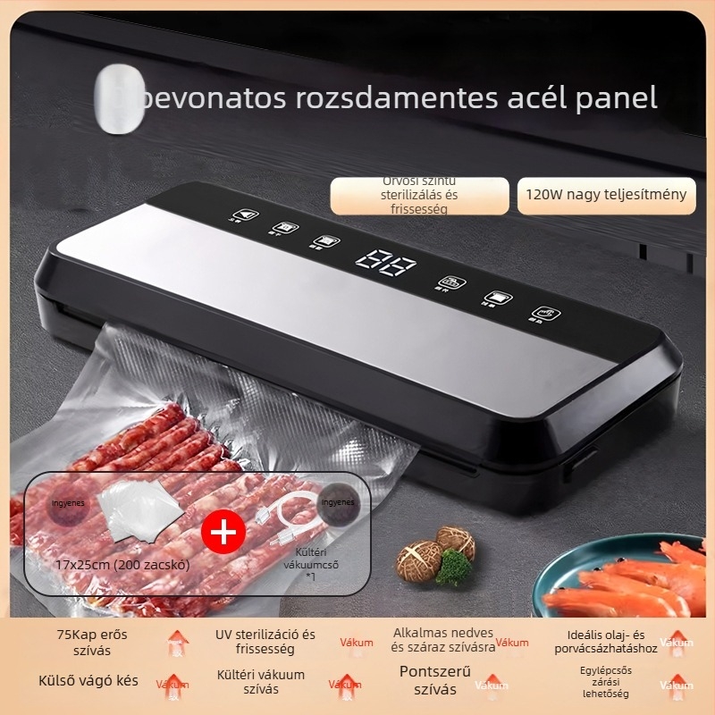 Teljesen automata élelmiszer-vákuumcsomagoló gép, otthoni és kereskedelmi használatra, nedves és száraz anyagokhoz, műanyag lezárás és frissesség megőrzése