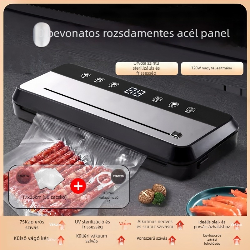 Teljesen automata élelmiszer-vákuumcsomagoló gép, otthoni és kereskedelmi használatra, nedves és száraz anyagokhoz, műanyag lezárás és frissesség megőrzése