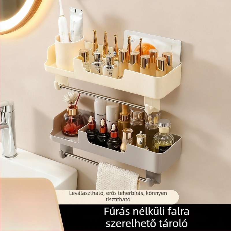 Fali fürdőszobai tároló, fúrás nélküli, műanyag, 1 szint, teherbírás 1–5 kg, könnyed luxus stílus