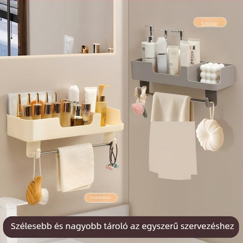 Fali fürdőszobai tároló, fúrás nélküli, műanyag, 1 szint, teherbírás 1–5 kg, könnyed luxus stílus