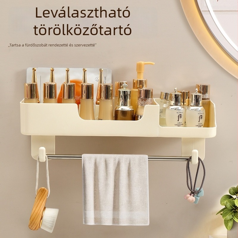 Fali fürdőszobai tároló, fúrás nélküli, műanyag, 1 szint, teherbírás 1–5 kg, könnyed luxus stílus