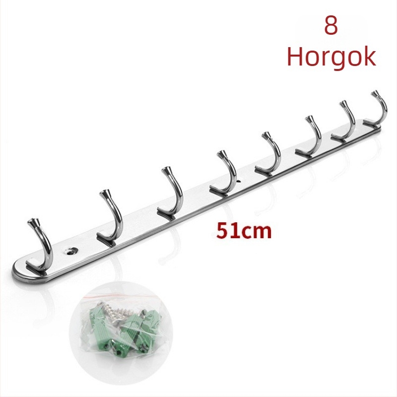 Rozsdamentes acél falra szerelt fürdőszobai akasztó készlet, több soros, modern stílus, 8 akasztó, teherbírás 10–15 kg