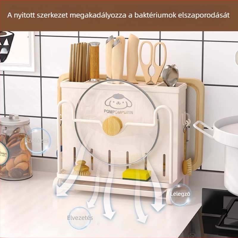 Falihoz szerelhető konyhai szervező evőpálcika tartóval, késtartóval és vágódeszka polccal