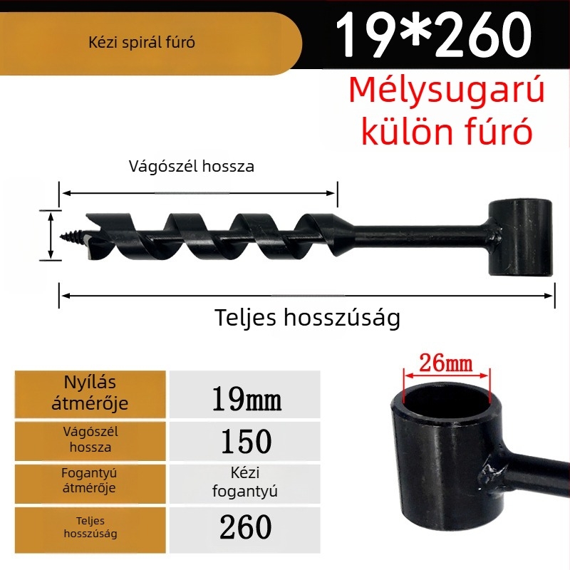 Kézi spirálfúró famegmunkáláshoz, hosszított kivitel