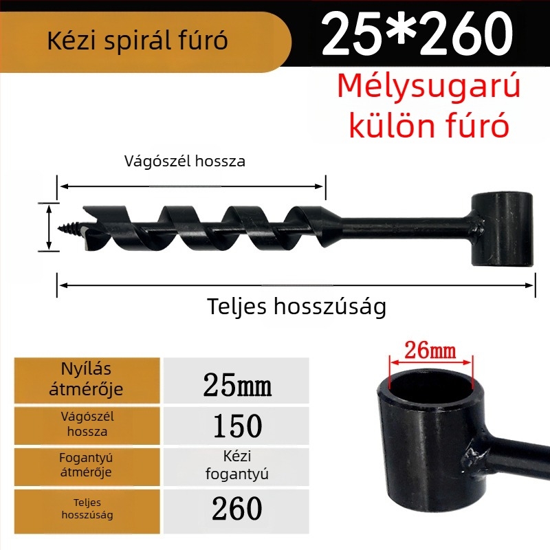 Kézi spirálfúró famegmunkáláshoz, hosszított kivitel