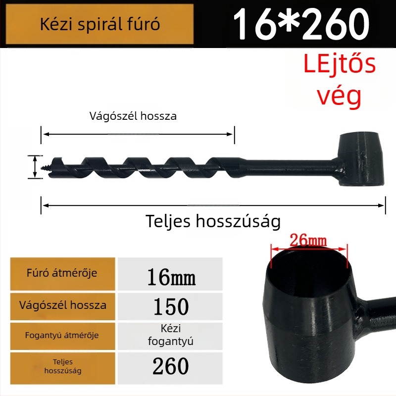 Kézi spirálfúró famegmunkáláshoz, hosszított kivitel