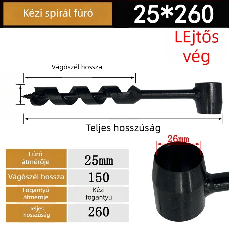 Kézi spirálfúró famegmunkáláshoz, hosszított kivitel
