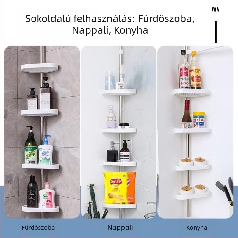 Fúrás nélküli, többfunkciós sarokpolc fürdőszobához, rozsdamentes acél, 4 szint, modell ADS-190, Adderson, teherbírás 20 kg