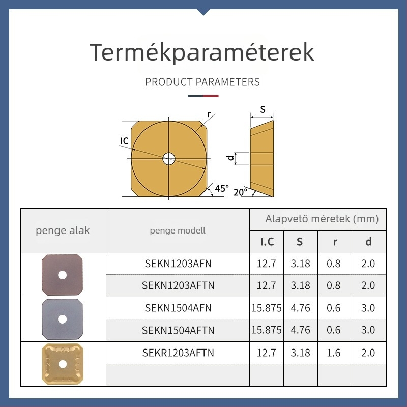 CNC négyszögletes marópenge SEKN1203/1504, rozsdamentes acél, finom marás, kettős fej gantry, fém-kerámia penge