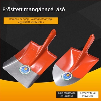 Mangánacél lapát, teljes acél felépítés, fa nyél, négyszögletes sík fejű fej, szén- és kertészeti használatra