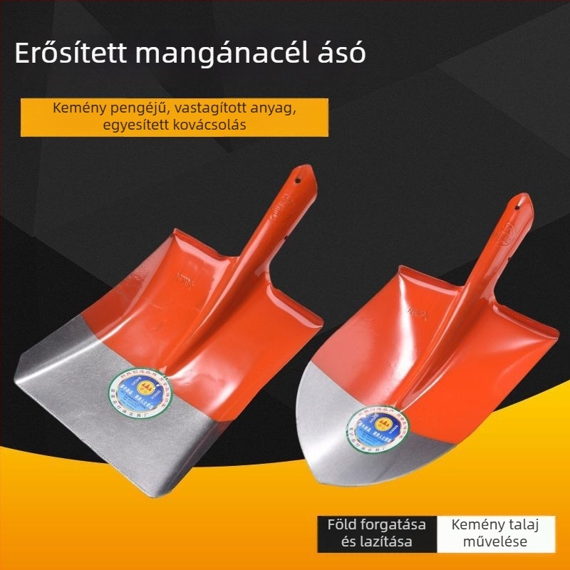 Mangánacél lapát, teljes acél felépítés, fa nyél, négyszögletes sík fejű fej, szén- és kertészeti használatra