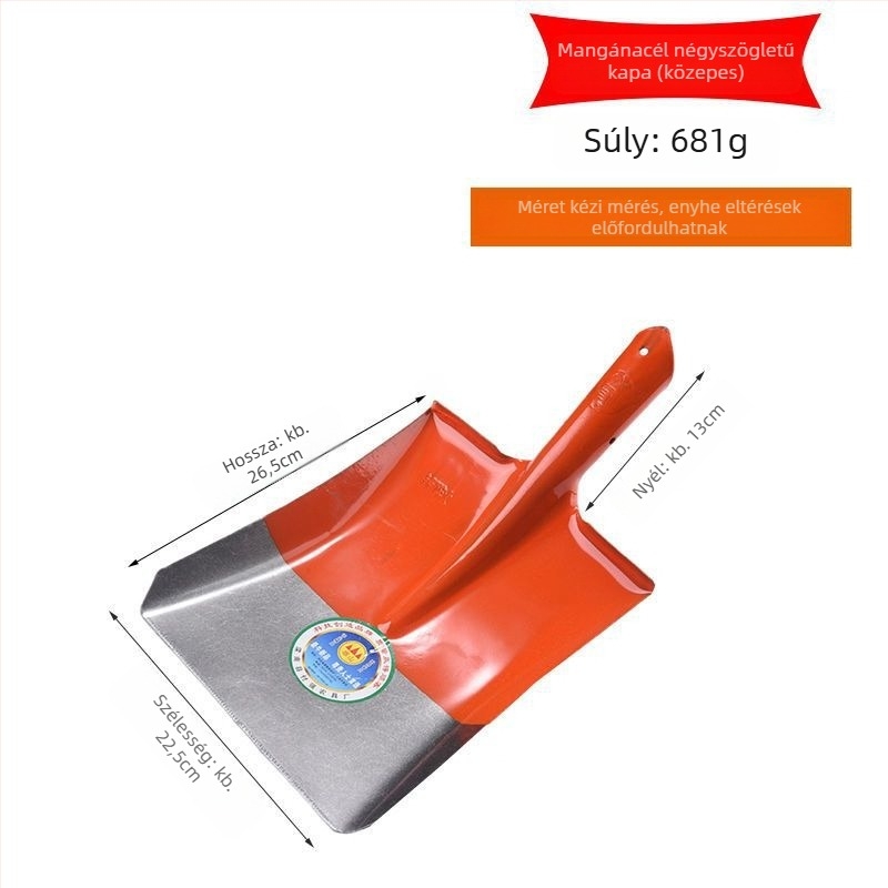 Mangánacél lapát, teljes acél felépítés, fa nyél, négyszögletes sík fejű fej, szén- és kertészeti használatra