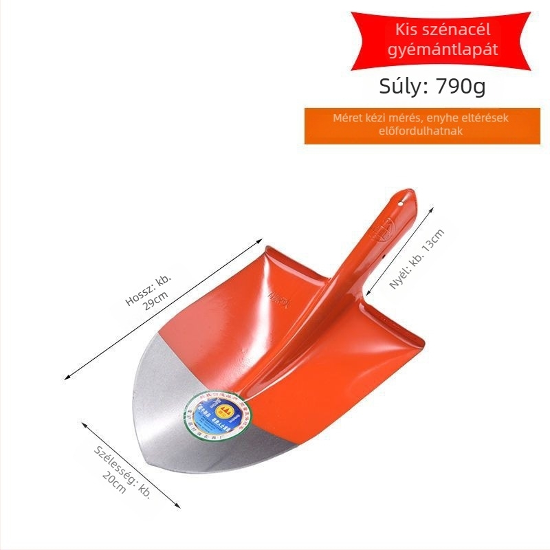 Mangánacél lapát, teljes acél felépítés, fa nyél, négyszögletes sík fejű fej, szén- és kertészeti használatra