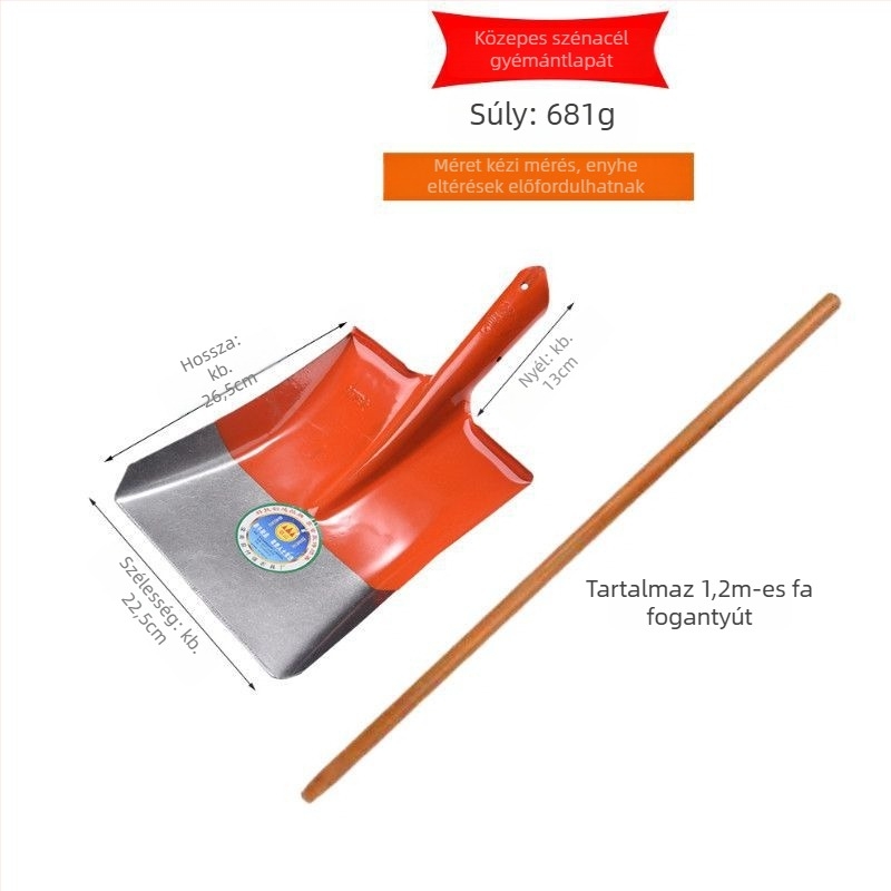 Mangánacél lapát, teljes acél felépítés, fa nyél, négyszögletes sík fejű fej, szén- és kertészeti használatra