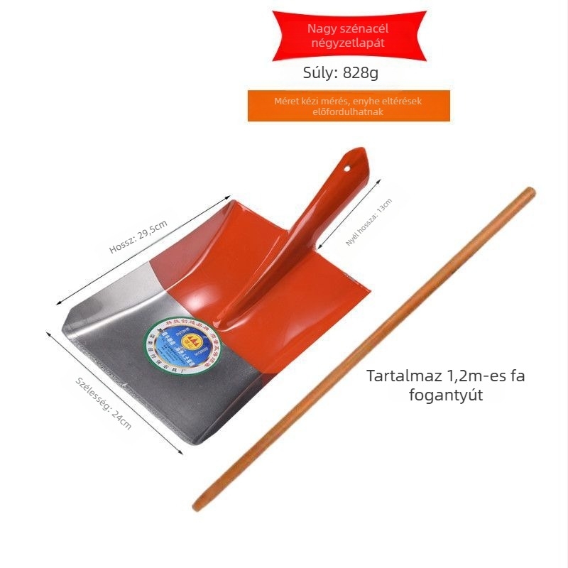 Mangánacél lapát, teljes acél felépítés, fa nyél, négyszögletes sík fejű fej, szén- és kertészeti használatra