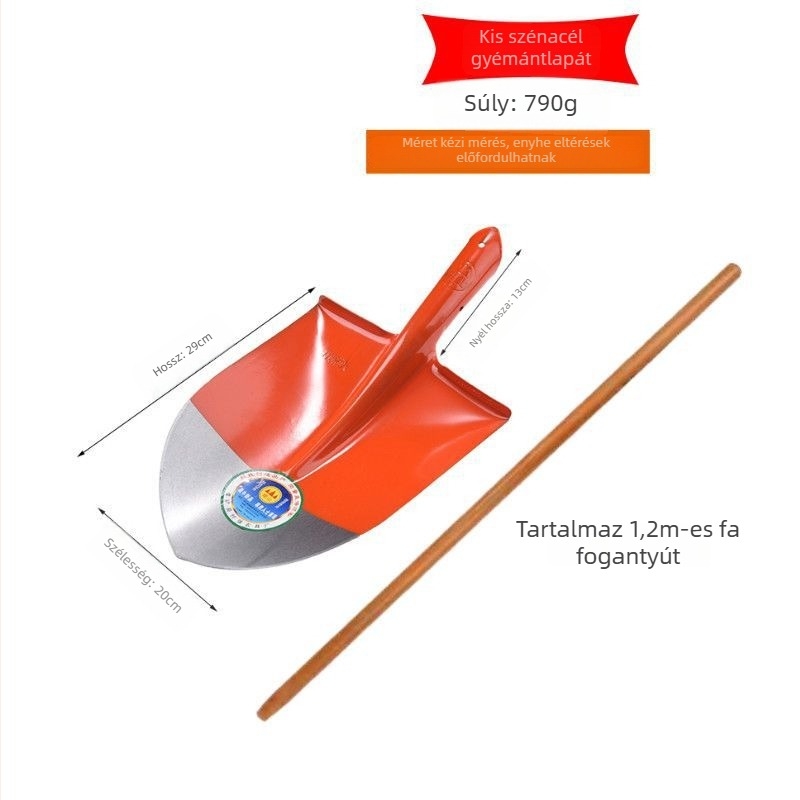 Mangánacél lapát, teljes acél felépítés, fa nyél, négyszögletes sík fejű fej, szén- és kertészeti használatra
