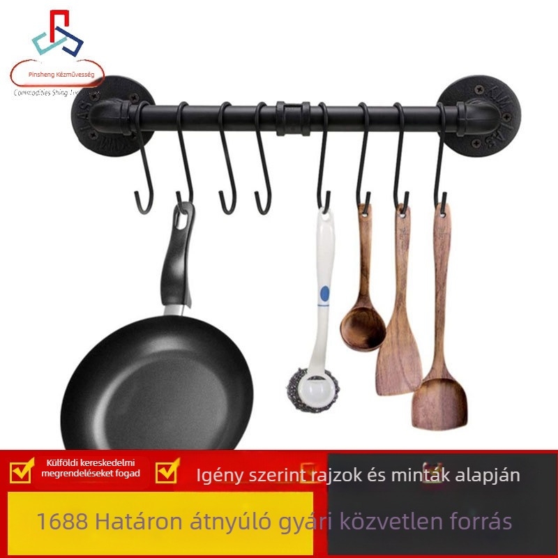 Vasból készült konyhai falra szerelhető tároló, kés tartóval, kampókkal és kanál-spatula szervezővel