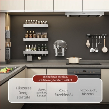 Konyhai falra szerelhető polc kés-tartóval és fűszertartóval, fúrás nélküli telepítés, szénacélból készült, többfunkciós