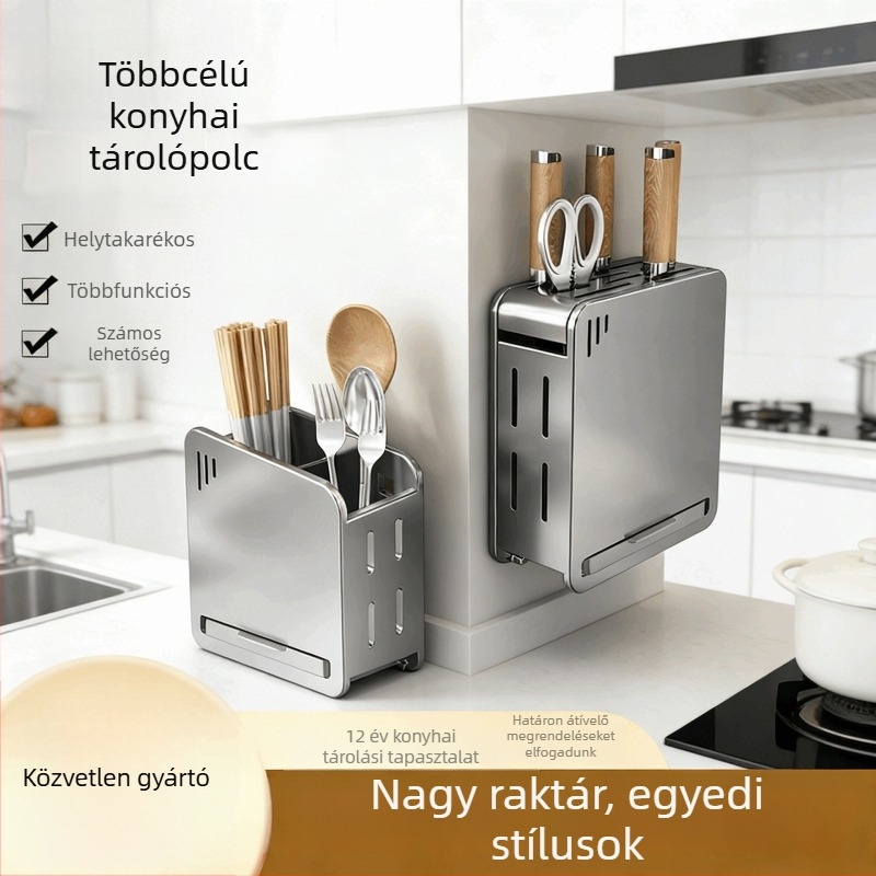 Konyhai falra szerelhető polc kés-tartóval és fűszertartóval, fúrás nélküli telepítés, szénacélból készült, többfunkciós