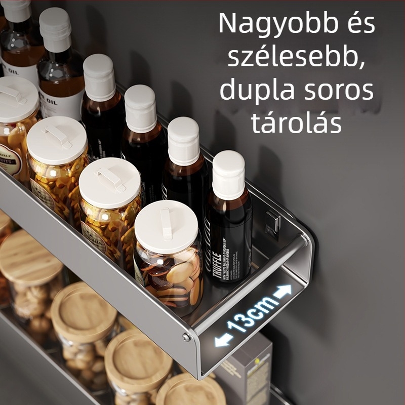 Konyhai falra szerelhető polc kés-tartóval és fűszertartóval, fúrás nélküli telepítés, szénacélból készült, többfunkciós