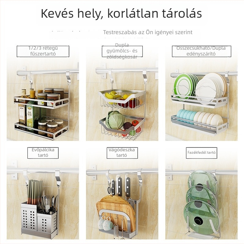 304 rozsdamentes acélból készült konyhai falra szerelhető tárolópolc, fűszerekhez, akasztókhoz és kés tartóhoz