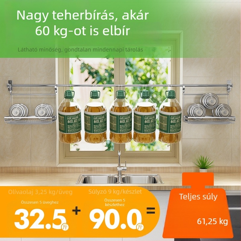 304 rozsdamentes acélból készült konyhai falra szerelhető tárolópolc, fűszerekhez, akasztókhoz és kés tartóhoz