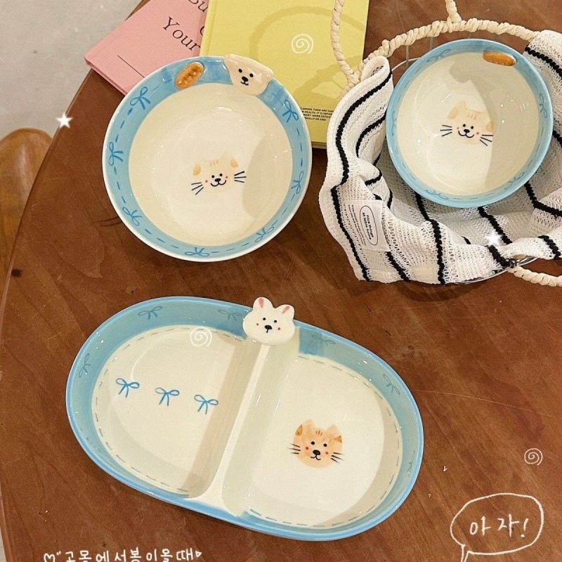 Porcelán tál nem szabályos formával, rajzfilm mintával, koreai stílus, mikrohullámú sütőben használható