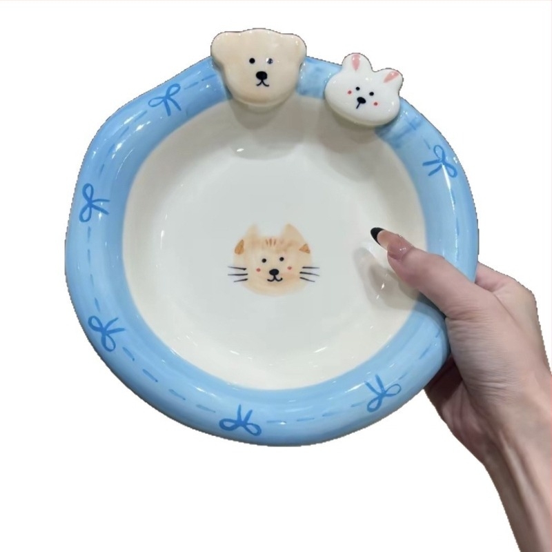 Porcelán tál nem szabályos formával, rajzfilm mintával, koreai stílus, mikrohullámú sütőben használható