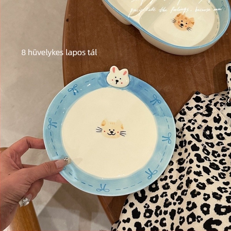 Porcelán tál nem szabályos formával, rajzfilm mintával, koreai stílus, mikrohullámú sütőben használható