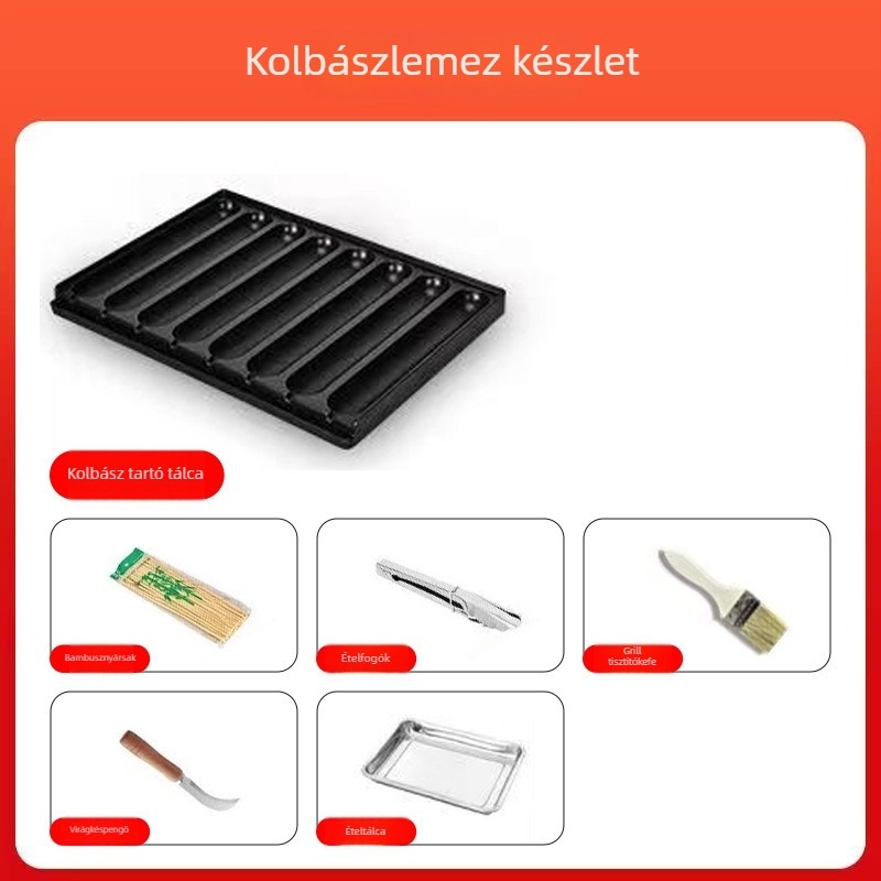 8-csöves kolbász grilllemez, alumínium, négyzet alakú, sajtolt kialakítás, multifunkcionális, hordozható, könnyen tisztítható